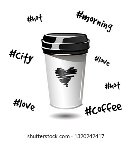 Vector illustration on the white
background - coffee paper cup with hashtags.