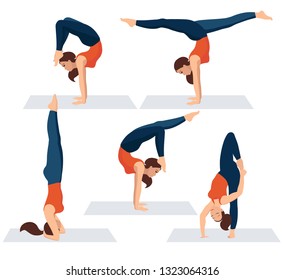 Vector illustration on white background. Set of various yoga asanas. Beautiful young woman in several poses of yoga. A woman in a sporty orange T-shirt and leggings relaxes. Strength exercises