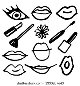 Vector illustration on white background. Hand drawn collection of make up and cosmetics illustration.