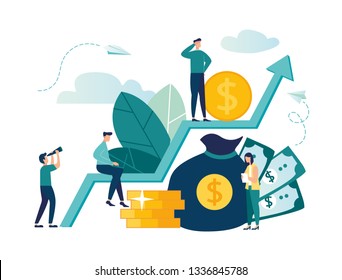 Vector illustration on white background. business brings a successful team, moving up, investing money in creative projects