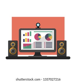 Ilustración vectorial sobre el fondo blanco de un ordenador personal con altavoces y cámara.