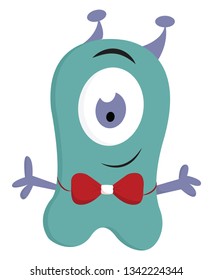Ilustração vetorial sobre fundo branco de um monstro de um olho turquesa sorrindo com uma gravata borboleta vermelha 