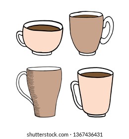 Vector illustration on white background. A Cup of tea and a kettle on the table. Tea time. set, elements, doodle, sketch, english, mug, coffee, cacao, hot chocolate, t shirt, print, 