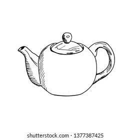 Vector illustration on white background. A Cup of tea and a kettle on the table. Tea time.