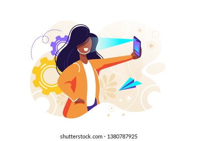 vector illustration on a white background, face recognition using a laser concept ID, man holds a phone in his hand and scans the application face, modern technology