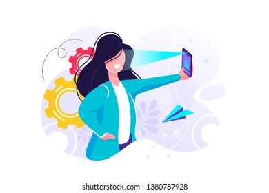 vector illustration on a white background, face recognition using a laser concept ID, man holds a phone in his hand and scans the application face, modern technology
