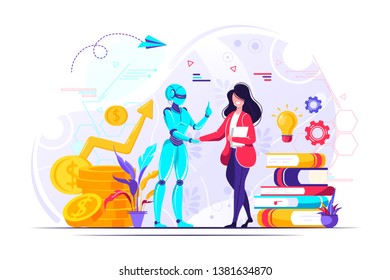  ilustración vectorial sobre fondo blanco. los empresarios son un equipo exitoso. El inversionista mantiene el dinero en sus ideas. financiar proyectos creativos. apretón de manos para robots y hombres