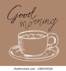 Vector illustration on white background. A Cup of tea and a kettle on the table. Tea time. good morning.
