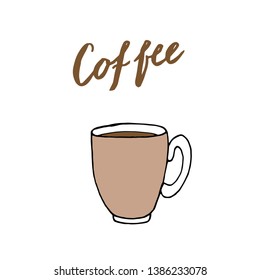 Vector illustration on white background. A Cup of tea and a kettle on the table. Tea time.