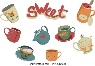 Vector illustration on white background with different cups, kettle and sugar bowl. Image of colored dishes, kitchen utensils in blue, red, orange, light yellow and green colors. retro