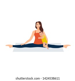 Vector illustration on white background. Asanas with twine in yoga. Beautiful young woman doing stretching gymnastic exercises. A woman sits in a string with a baby in her arms. Yoga mom plus baby