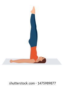Vector illustration on white background. Headstand asanas. Shoulder stand with arms behind. Beautiful young woman doing yoga strength exercises. Woman in sporty orange t-shirt and leggings relax.