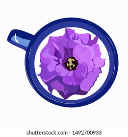Vector illustration on white background. A blue mug with a purple flower inside. For postcard, print.