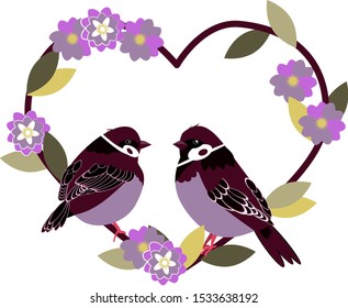 Vector illustration on a white background. A pair of sparrows looking at each other, sitting on a branch in the shape of a heart. Made in a flat style.