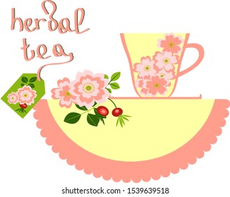 Vector illustration on a white background. The mug filled with flowers of rose hips, a napkin, a branch of rose hips with berries. the inscription "herbal tea" fnd the label of a tea bag with rose hip