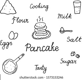 vector illustration on white background. Hand Drawn Doodle of ingredients for pancakes. Lettering and food. Simple picture with elements for cooking of pancake