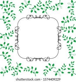 Vector illustration on a white background. Hand drawn wreath of simple twigs with rounded green  leaves. Black lines on a White background, For wedding, invitation, greeting card, print.
