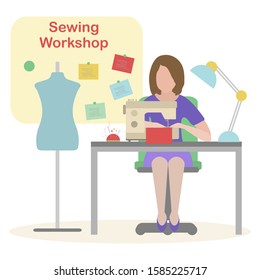 Vector illustration on white background Woman seamstress works on sewing machine Tailor. Atelier tailoring Sewing workshop equipment. Fashion designer sew. Dressmaking tools. Design for print, website