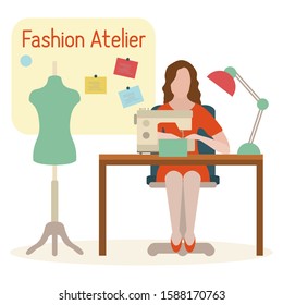 Vector illustration on white background Woman seamstress works on sewing machine Tailor. Atelier tailoring Sewing workshop equipment. Fashion designer sew. Dressmaking tools. Design for print, website