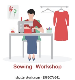 Vector illustration on white background Woman seamstress works on sewing machine Tailor. Atelier tailoring Sewing workshop equipment. Fashion designer sew. Dressmaking tools. Design for print, website