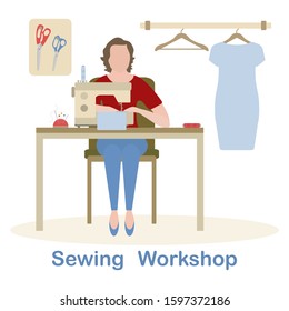Vector illustration on white background Woman seamstress works on sewing machine Tailor. Atelier tailoring Sewing workshop equipment. Fashion designer sew. Dressmaking tools. Design for print, website