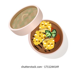 Vektorillustration auf weißem Hintergrund des Bambusdampfes mit Mais, Brokkoli und Karotten.Gesundes Essen. Traditionell. asiatisch