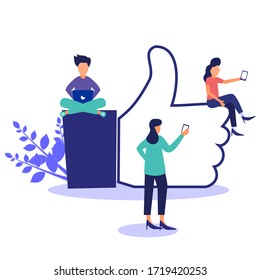 Vector illustration on a white background. best performance, social media. people leave comments and comments that the successful work is the highest score, the hand shows the movement of success. 
