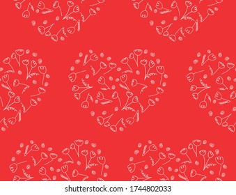 Vector illustration on a white background. Hand drawn flowers are contoured, with curls and springs. Wallpapers, postcards, cards. Children's illustration, cute valentines day, heart, seamless pattern