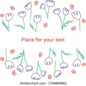 Ilustración vectorial en un fondo blanco. Las flores dibujadas a mano son contundentes, con rizos y resortes. Papel de escritorio, postales, postales. Ilustración infantil, lindo patrón