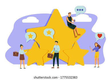 vector illustration on white background. the best estimate of performance, the score of five points. people leave feedback and comments, successful work is the highest score.