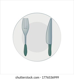 vector illustration on a white background, fork and knife on a plate.