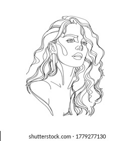Vector illustration on white background. Continuous black line, a portrait of a girl with wavy hair, fashion concept, the minimalism of beautiful women, for t-shirt, slogan graphic design, comic style
