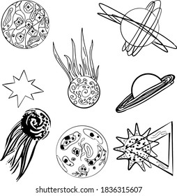 Vector illustration on a white background with a liner of space elements, eyes, infinity. Planet, star, infinity, eyes, abstraction for printing on paper, postcards, baby clothes, bed, 
