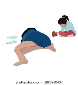 Vector illustration on a white background.  Problems with alcohol in women. A drunk woman on the floor and her sad daughter.