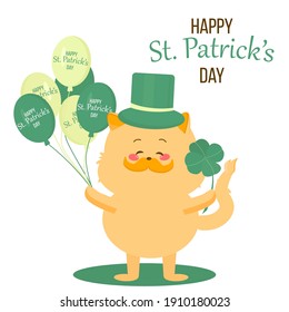 Vector illustration on white background. Happy St. Patrick's Day concept. St. Patrick's Day card of a cat wearing leprechaun hat and holding clover and green ballons with inscription Happy St. Patrick