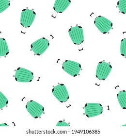 vector illustration on white background, seamless pattern with green suitcases or travel bags, wallpaper of suitcase on wheels, travel bag print, flat design