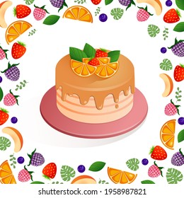 Vector illustration on a white background cake with orange and strawberry for birthday, wedding, holiday for advertising, postcard, banner, background. Collection of cartoon sweet dessert elements.