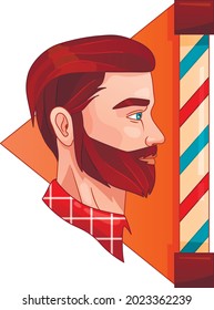 Ilustración Del Vector En Fondo Blanco. Concepto de Barbershop. Perfil de cabeza masculina. Hombre Con Un Bonito Corto De Pelo Y Barba Con Camisas Tapadas. Cuello Y Bandera