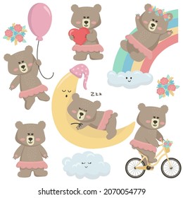 Vector illustration on a white background set of cartoon cute bear girl in different poses. The bear holds a heart, rides on a rainbow, sleeps on the moon, flies on a balloon, rides a bicycle. 