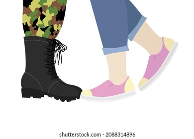 Ilustración vectorial sobre un fondo blanco "La largamente esperada reunión" de un soldado y un ciudadano