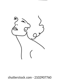 Vector illustration on white background. Continuous black line, portrait of a woman with wavy hair. Fashion concept, graphic design for slogan, t-shirt.
