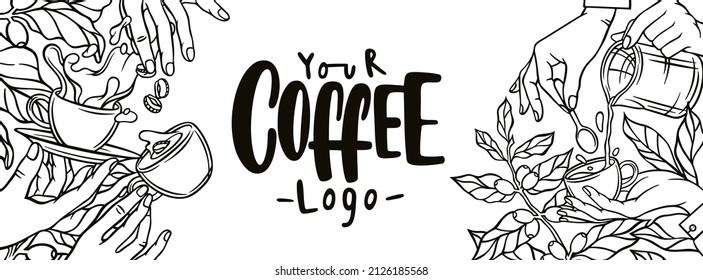 Vector illustration on a white background in the style of a chalk board. Coffee cover banner for social media in cafe, restaurant. Hands of a barista make coffee with tools.