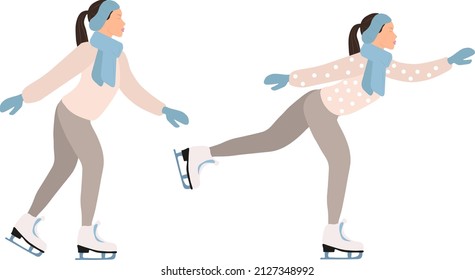 Vector illustration on white background. Ice skating person. Girl in profile skating wears beige pants blue mittens and blue scarf. Healthy life style concept.