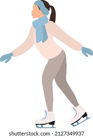 Vector illustration on white background. Ice skating person. Girl in profile skating wears beige pants blue mittens and blue scarf.