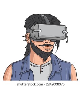 vector illustration on a white background of a long-haired man with a beard using a virtual reality device.