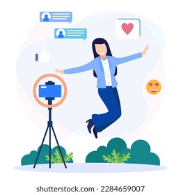 Vector illustration on white background content creator concept. Freelancer with bright idea social media or online.
