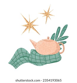 vector illustration on a white background: a teapot wrapped in a scarf, stars and a Christmas tree branch.new year illustration - layout for design.