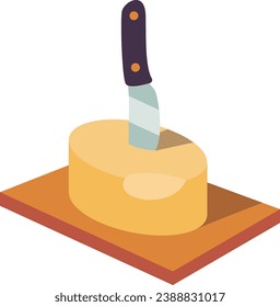 Ilustración vectorial en un fondo blanco. Ladrillo de mantequilla en plato con cuchillo. Cultura francesa. Gastronomía, mantequilla salada.