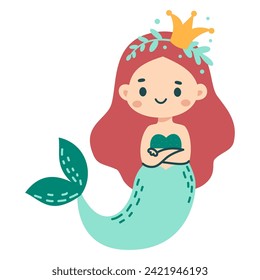 Vector illustration on white background. Cute mermaid in naive childish style 