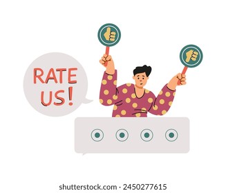 Una Ilustración vectorial sobre un fondo blanco que representa a un hombre sosteniendo carteles de "me gusta" y "no me gusta" que muestran la necesidad de un Comentarios Cliente en una reseña en línea del servicio